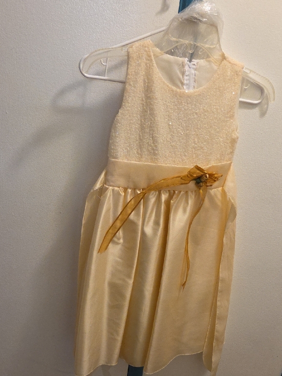 Other - Girls Cream Satin and Sparkle Dress with Gold Bow